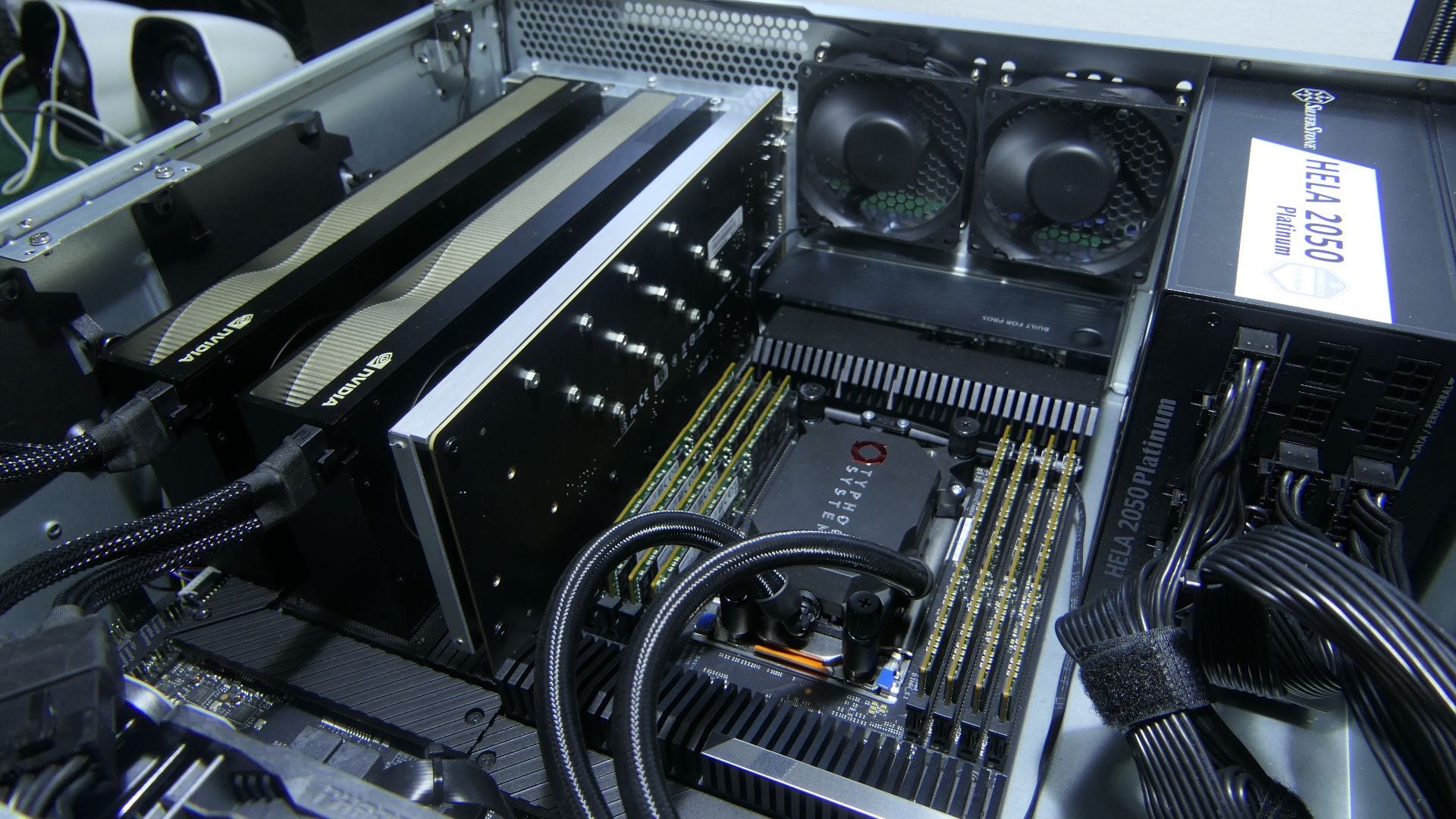 Inside a compute system: three graphics cards and eight memory modules