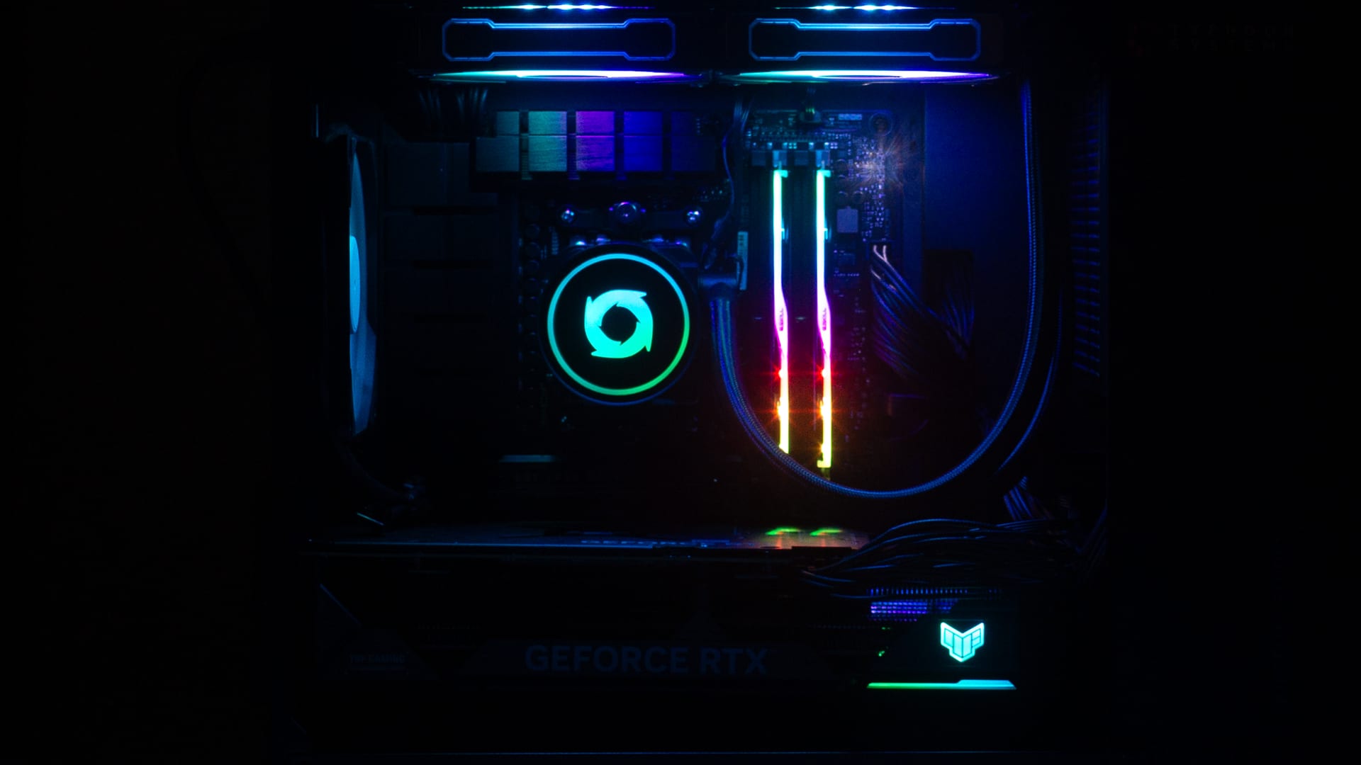 A gaming build, lit, with the side panel off