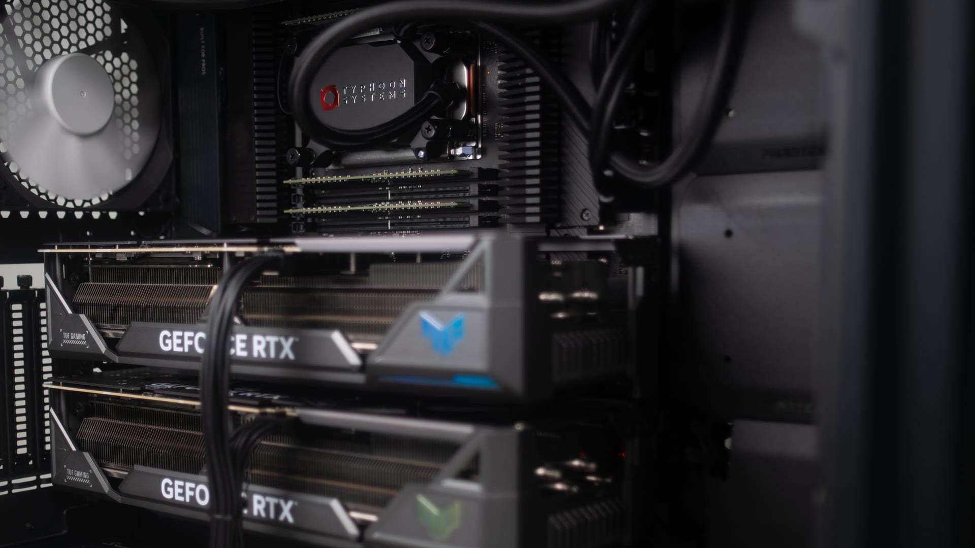 Two RTX 4090 cards and a Typhoon pump block inside Red October